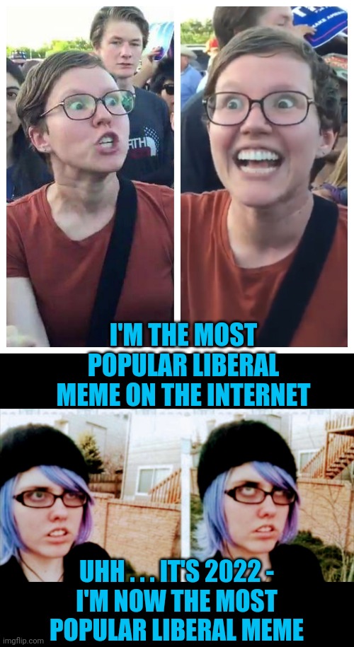 Change of Liberal Torch | I'M THE MOST POPULAR LIBERAL MEME ON THE INTERNET; UHH . . . IT'S 2022 -
I'M NOW THE MOST POPULAR LIBERAL MEME | image tagged in social justice warrior hypocrisy,leftists,liberals,democrats,triggered | made w/ Imgflip meme maker