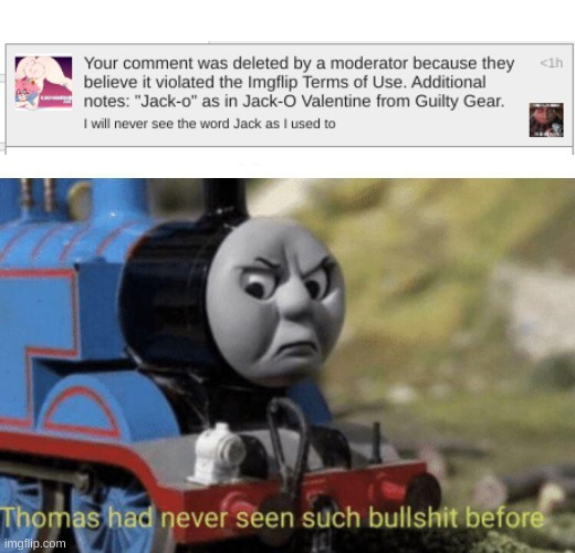 Imagine getting your comment deleted bc you made a fu*king spelling error. (Also I was mocking cringe femboy yiff.) | image tagged in memes,funny,thomas has never seen such bullshit before,femboy,yiff,stop reading the tags | made w/ Imgflip meme maker