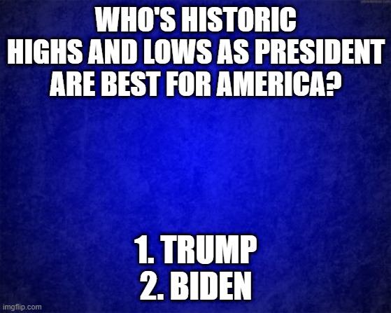 blue background | WHO'S HISTORIC HIGHS AND LOWS AS PRESIDENT ARE BEST FOR AMERICA? 1. TRUMP
2. BIDEN | image tagged in blue background | made w/ Imgflip meme maker