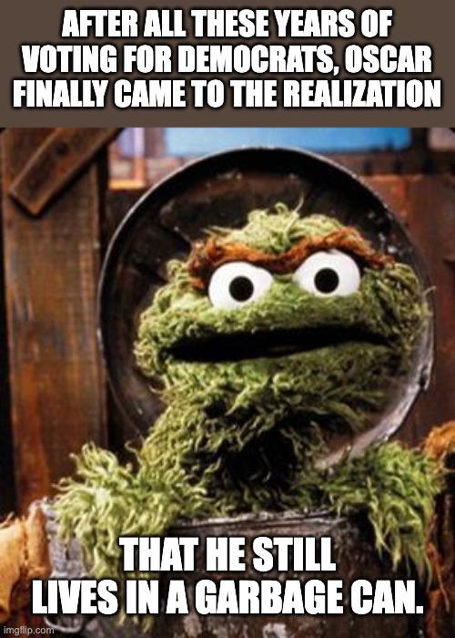 Oscar | AFTER ALL THESE YEARS OF VOTING FOR DEMOCRATS, OSCAR FINALLY CAME TO THE REALIZATION; THAT HE STILL LIVES IN A GARBAGE CAN. | image tagged in oscar the grouch | made w/ Imgflip meme maker