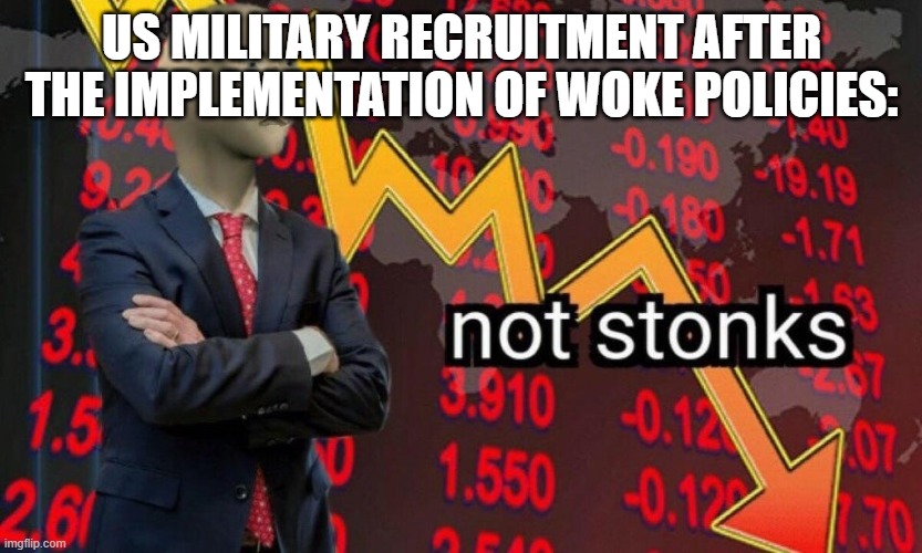 Not stonks | US MILITARY RECRUITMENT AFTER THE IMPLEMENTATION OF WOKE POLICIES: | image tagged in not stonks | made w/ Imgflip meme maker
