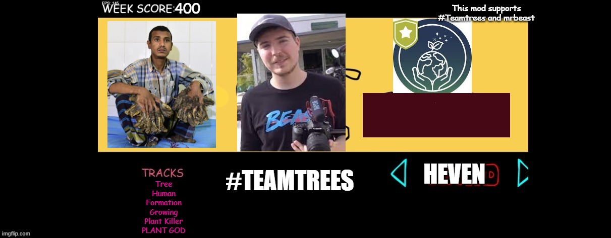 Mrbeast Vs Treeman But its a FNF mod | 400; This mod supports #Teamtrees and mrbeast; #TEAMTREES; HEVEN; Tree
Human
Formation
Growing
Plant Killer
PLANT GOD | image tagged in fnf custom week | made w/ Imgflip meme maker
