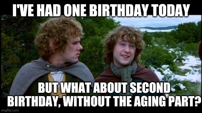 Second birthday |  I'VE HAD ONE BIRTHDAY TODAY; BUT WHAT ABOUT SECOND BIRTHDAY, WITHOUT THE AGING PART? | image tagged in pippin second breakfast,birthday,lotr,hobbit,happy,aging | made w/ Imgflip meme maker