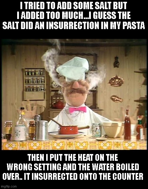 just following the standards set by what constitutes an insurrection | I TRIED TO ADD SOME SALT BUT I ADDED TOO MUCH...I GUESS THE SALT DID AN INSURRECTION IN MY PASTA; THEN I PUT THE HEAT ON THE WRONG SETTING AND THE WATER BOILED OVER.. IT INSURRECTED ONTO THE COUNTER | image tagged in swedish chef meme sauce | made w/ Imgflip meme maker