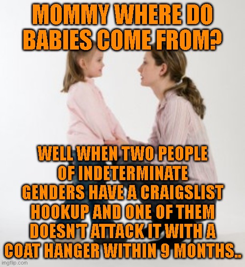 parenting raising children girl asking mommy why discipline Demo | MOMMY WHERE DO BABIES COME FROM? WELL WHEN TWO PEOPLE OF INDETERMINATE GENDERS HAVE A CRAIGSLIST HOOKUP AND ONE OF THEM DOESN'T ATTACK IT WITH A COAT HANGER WITHIN 9 MONTHS.. | image tagged in parenting raising children girl asking mommy why discipline demo | made w/ Imgflip meme maker