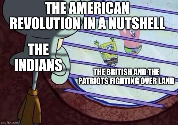 Squidward window | THE AMERICAN REVOLUTION IN A NUTSHELL; THE INDIANS; THE BRITISH AND THE PATRIOTS FIGHTING OVER LAND | image tagged in squidward window,history,history memes,america,britain,why are you reading this | made w/ Imgflip meme maker