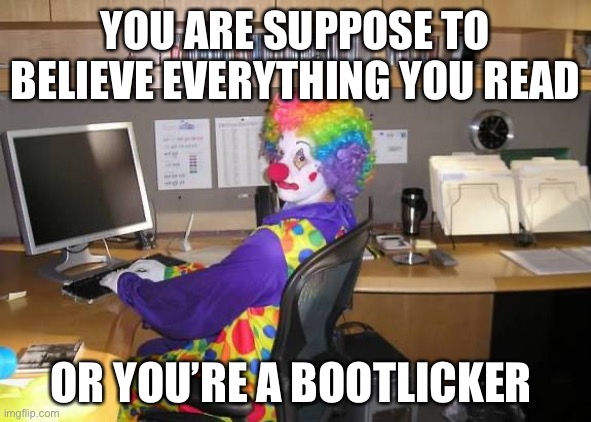 You … | YOU ARE SUPPOSE TO BELIEVE EVERYTHING YOU READ; OR YOU’RE A BOOTLICKER | image tagged in clown computer | made w/ Imgflip meme maker
