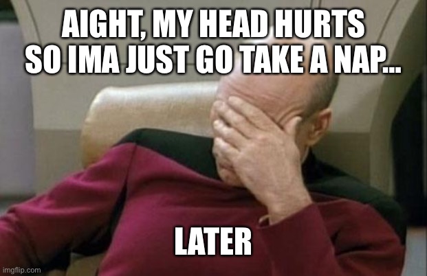 Ok who asked? | AIGHT, MY HEAD HURTS SO IMA JUST GO TAKE A NAP…; LATER | image tagged in memes,captain picard facepalm | made w/ Imgflip meme maker