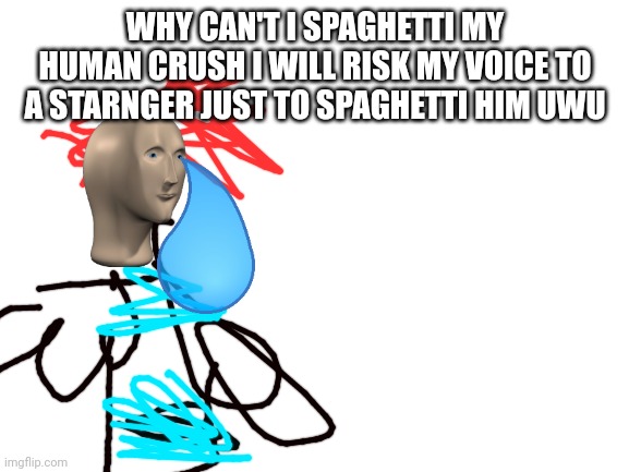 Blank White Template | WHY CAN'T I SPAGHETTI MY HUMAN CRUSH I WILL RISK MY VOICE TO A STARNGER JUST TO SPAGHETTI HIM UWU | image tagged in blank white template | made w/ Imgflip meme maker