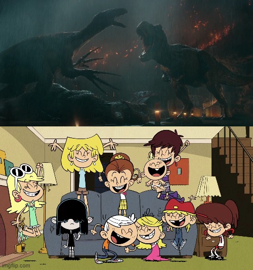 Loud kids cheer for Rexy's victory | image tagged in the loud house,jurassic park,jurassic world | made w/ Imgflip meme maker