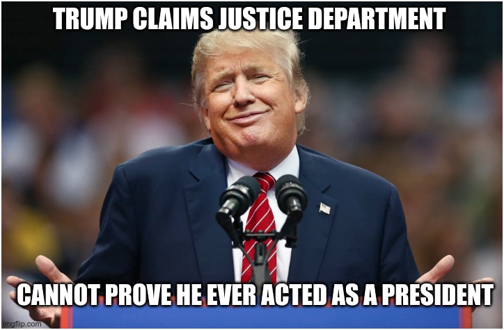 His best defense | TRUMP CLAIMS JUSTICE DEPARTMENT; CANNOT PROVE HE EVER ACTED AS A PRESIDENT | image tagged in trump,drumpf,gop,clown,moron,idiot | made w/ Imgflip meme maker