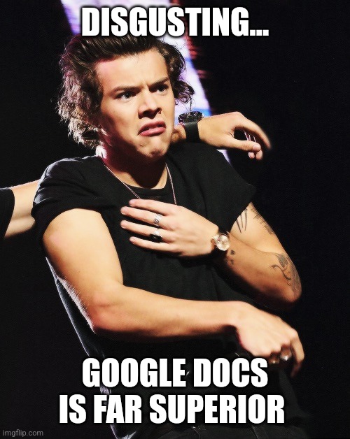 Harry Styles | DISGUSTING... GOOGLE DOCS IS FAR SUPERIOR | image tagged in harry styles | made w/ Imgflip meme maker