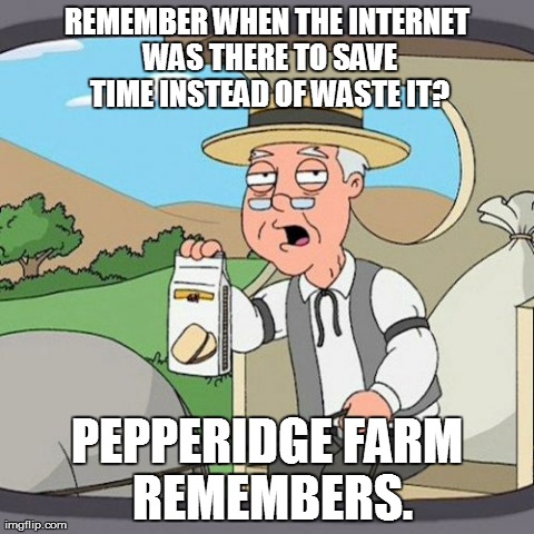 Internet: from boon to bane | REMEMBER WHEN THE INTERNET WAS THERE TO SAVE TIME INSTEAD OF WASTE IT? PEPPERIDGE FARM REMEMBERS. | image tagged in memes,pepperidge farm remembers,internet | made w/ Imgflip meme maker