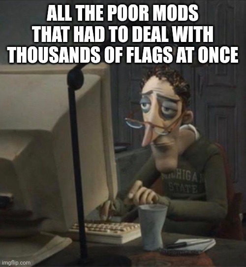 I'm so sorry you had to deal with this | ALL THE POOR MODS THAT HAD TO DEAL WITH THOUSANDS OF FLAGS AT ONCE | image tagged in tired dad at computer | made w/ Imgflip meme maker