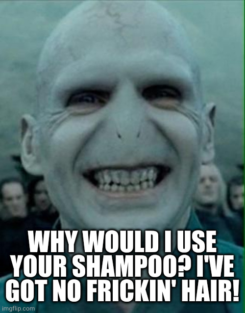 Voldemort Grin | WHY WOULD I USE YOUR SHAMPOO? I'VE GOT NO FRICKIN' HAIR! | image tagged in voldemort grin | made w/ Imgflip meme maker