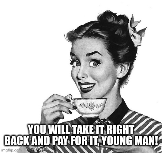 Retro woman teacup | YOU WILL TAKE IT RIGHT BACK AND PAY FOR IT, YOUNG MAN! | image tagged in retro woman teacup | made w/ Imgflip meme maker