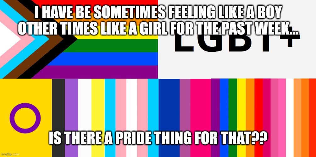 LGBT Hybrid Flag | I HAVE BE SOMETIMES FEELING LIKE A BOY OTHER TIMES LIKE A GIRL FOR THE PAST WEEK... IS THERE A PRIDE THING FOR THAT?? | image tagged in lgbt hybrid flag | made w/ Imgflip meme maker