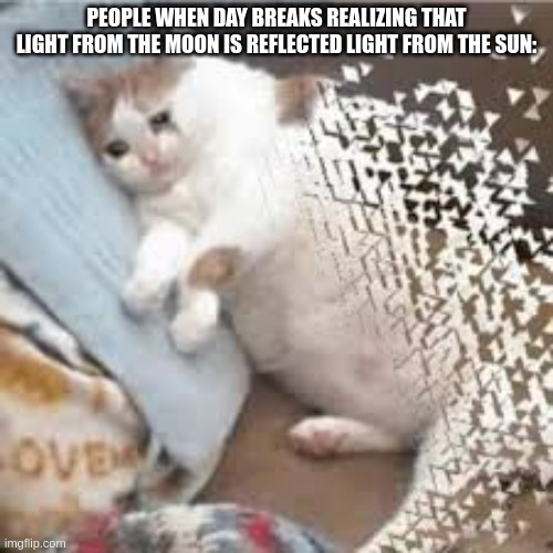 they never mention that. | PEOPLE WHEN DAY BREAKS REALIZING THAT LIGHT FROM THE MOON IS REFLECTED LIGHT FROM THE SUN: | image tagged in mr stark i don't feel so good | made w/ Imgflip meme maker