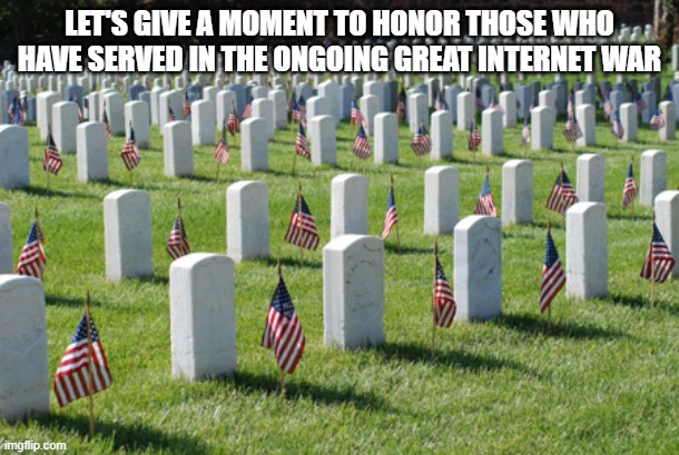 Veterans graveyard | LET'S GIVE A MOMENT TO HONOR THOSE WHO HAVE SERVED IN THE ONGOING GREAT INTERNET WAR | image tagged in veterans graveyard,memes,president_joe_biden | made w/ Imgflip meme maker