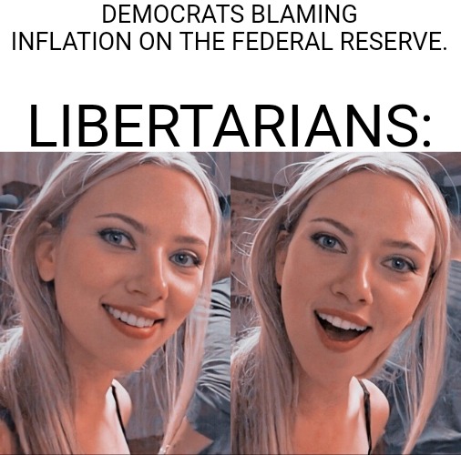 Democrats Blame The Fed | DEMOCRATS BLAMING INFLATION ON THE FEDERAL RESERVE. LIBERTARIANS: | image tagged in surprised scarlett johansson,federal reserve,inflation,money,expensive,prices | made w/ Imgflip meme maker