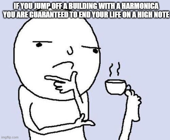 True | IF YOU JUMP OFF A BUILDING WITH A HARMONICA YOU ARE GUARANTEED TO END YOUR LIFE ON A HIGH NOTE | image tagged in thinking meme | made w/ Imgflip meme maker