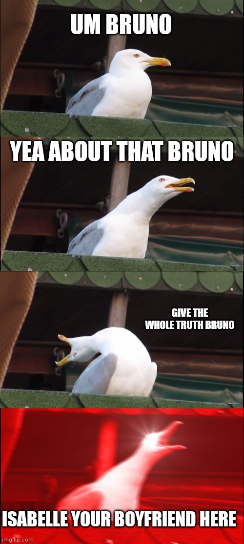 BRUNO | UM BRUNO; YEA ABOUT THAT BRUNO; GIVE THE WHOLE TRUTH BRUNO; ISABELLE YOUR BOYFRIEND HERE | image tagged in memes,inhaling seagull | made w/ Imgflip meme maker