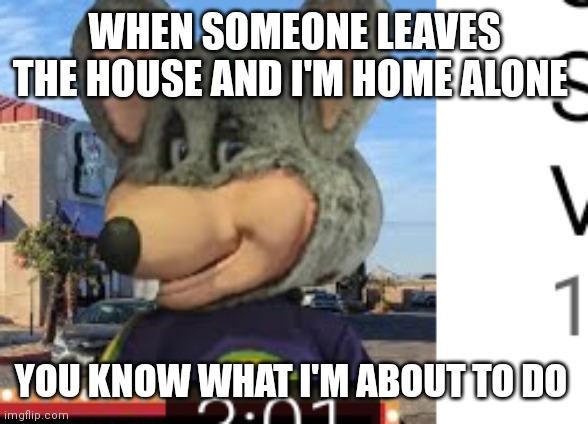 Chuck e's suspicious decision | WHEN SOMEONE LEAVES THE HOUSE AND I'M HOME ALONE; YOU KNOW WHAT I'M ABOUT TO DO | image tagged in chuck e cheese | made w/ Imgflip meme maker