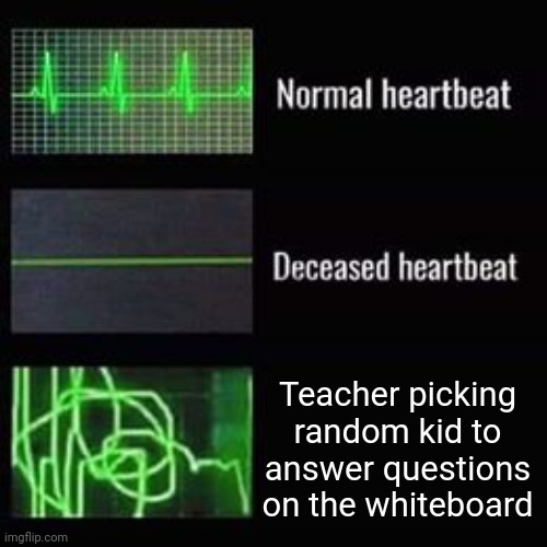 heartbeat rate | Teacher picking random kid to answer questions on the whiteboard | image tagged in heartbeat rate | made w/ Imgflip meme maker