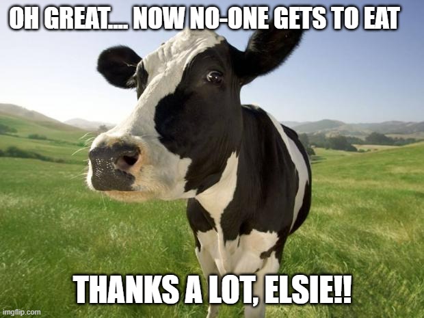 cow | OH GREAT.... NOW NO-ONE GETS TO EAT THANKS A LOT, ELSIE!! | image tagged in cow | made w/ Imgflip meme maker
