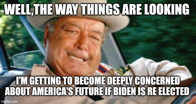 Sheriff Buford T Justice | WELL,THE WAY THINGS ARE LOOKING I'M GETTING TO BECOME DEEPLY CONCERNED ABOUT AMERICA'S FUTURE IF BIDEN IS RE ELECTED | image tagged in sheriff buford t justice | made w/ Imgflip meme maker