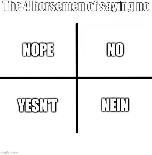 title | The 4 horsemen of saying no; NO; NOPE; YESN'T; NEIN | image tagged in memes,blank starter pack | made w/ Imgflip meme maker