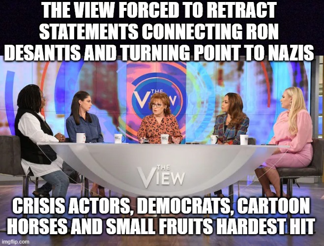 The view forced to admit they lied | THE VIEW FORCED TO RETRACT STATEMENTS CONNECTING RON DESANTIS AND TURNING POINT TO NAZIS; CRISIS ACTORS, DEMOCRATS, CARTOON HORSES AND SMALL FRUITS HARDEST HIT | image tagged in black screen | made w/ Imgflip meme maker