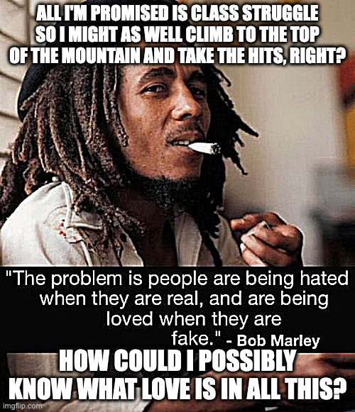 with what must the love begin? | ALL I'M PROMISED IS CLASS STRUGGLE SO I MIGHT AS WELL CLIMB TO THE TOP OF THE MOUNTAIN AND TAKE THE HITS, RIGHT? HOW COULD I POSSIBLY KNOW WHAT LOVE IS IN ALL THIS? | image tagged in prince jimi marley 69th | made w/ Imgflip meme maker