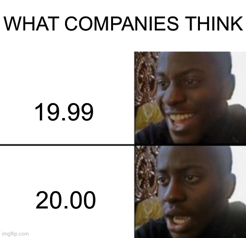 WHAT COMPANIES THINK; 19.99; 20.00 | image tagged in blank white template,oh yeah oh no | made w/ Imgflip meme maker