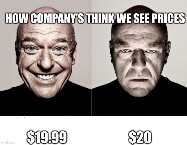 Yes | HOW COMPANY’S THINK WE SEE PRICES; $19.99; $20 | image tagged in breaking bad smile frown | made w/ Imgflip meme maker