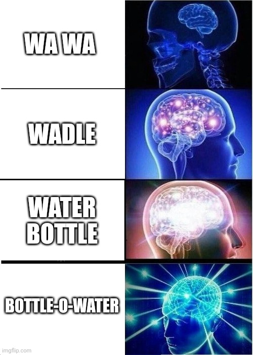Expanding Brain | WA WA; WADLE; WATER BOTTLE; BOTTLE-O-WATER | image tagged in memes,expanding brain | made w/ Imgflip meme maker