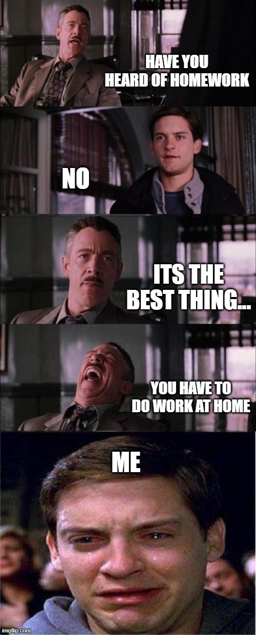 u found a job at the daily bugle | HAVE YOU HEARD OF HOMEWORK; NO; ITS THE BEST THING... YOU HAVE TO DO WORK AT HOME; ME | image tagged in memes,peter parker cry,sad,funny,spooderman,work | made w/ Imgflip meme maker