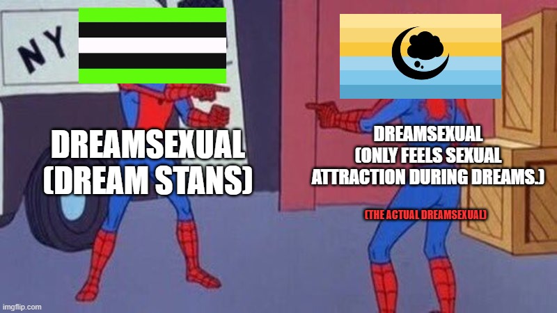 This drives me kind of crazy, and I feel bad for the actual dreamsexuals. | DREAMSEXUAL
(ONLY FEELS SEXUAL ATTRACTION DURING DREAMS.); DREAMSEXUAL
(DREAM STANS); (THE ACTUAL DREAMSEXUAL) | image tagged in spiderman pointing at spiderman,dreamsexual,grinds my gears,funny,memes,lgbtq | made w/ Imgflip meme maker