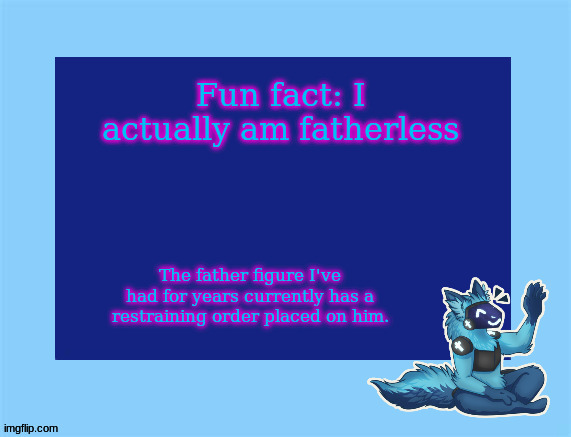 He might be coming back, which I'll hate if he does | Fun fact: I actually am fatherless; The father figure I've had for years currently has a restraining order placed on him. | image tagged in elias temp | made w/ Imgflip meme maker