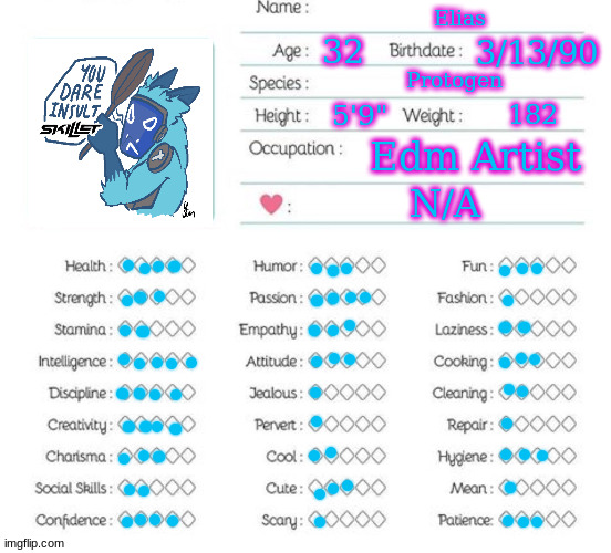 btw mint there is a save textbox button | Elias; 32; 3/13/90; Protogen; 5'9"; 182; Edm Artist; N/A | image tagged in oc info chart | made w/ Imgflip meme maker