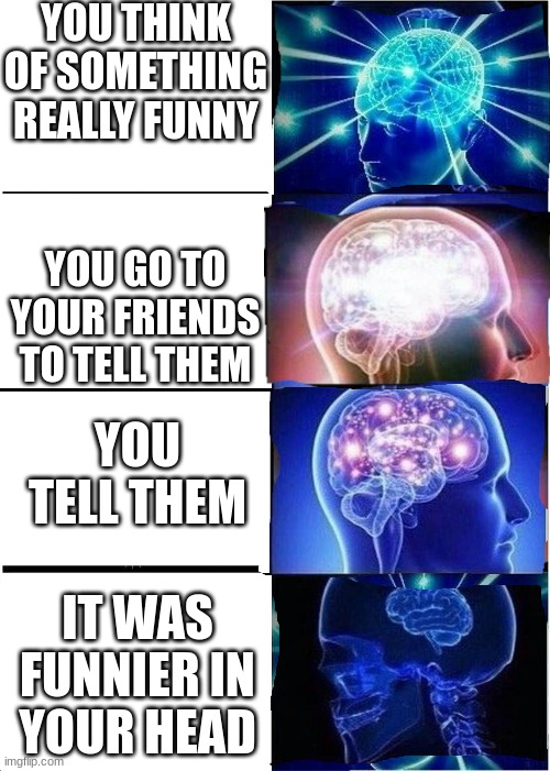 ??? | YOU THINK OF SOMETHING REALLY FUNNY; YOU GO TO YOUR FRIENDS TO TELL THEM; YOU TELL THEM; IT WAS FUNNIER IN YOUR HEAD | image tagged in idk | made w/ Imgflip meme maker