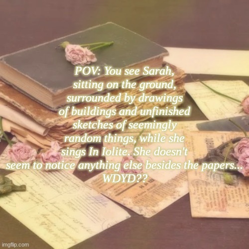 POV: You see Sarah, sitting on the ground, surrounded by drawings of buildings and unfinished sketches of seemingly random things, while she sings In Iolite. She doesn't seem to notice anything else besides the papers...
WDYD?? | made w/ Imgflip meme maker