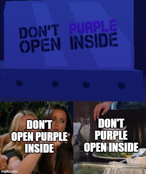 DO NOT PURPLE, THERE'S AN *OPEN* INSIDE | DON'T OPEN PURPLE INSIDE; DON'T PURPLE OPEN INSIDE | image tagged in memes,woman yelling at cat | made w/ Imgflip meme maker