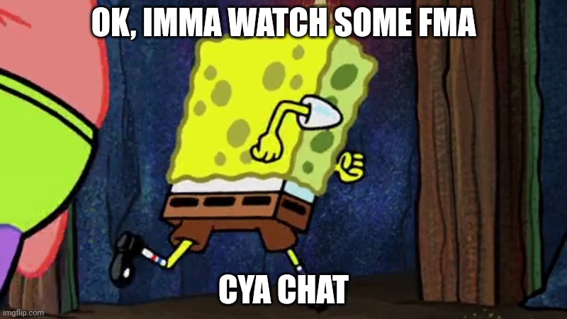 I'll be back after like 2 episodes | OK, IMMA WATCH SOME FMA; CYA CHAT | image tagged in spongebob running | made w/ Imgflip meme maker