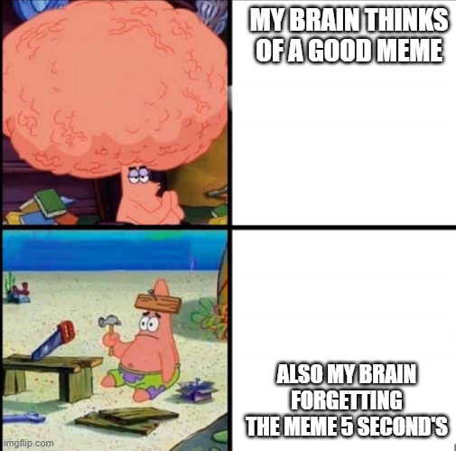 I  have short term memory loss (yay) | MY BRAIN THINKS OF A GOOD MEME; ALSO MY BRAIN FORGETTING THE MEME 5 SECOND'S | image tagged in patrick big brain | made w/ Imgflip meme maker