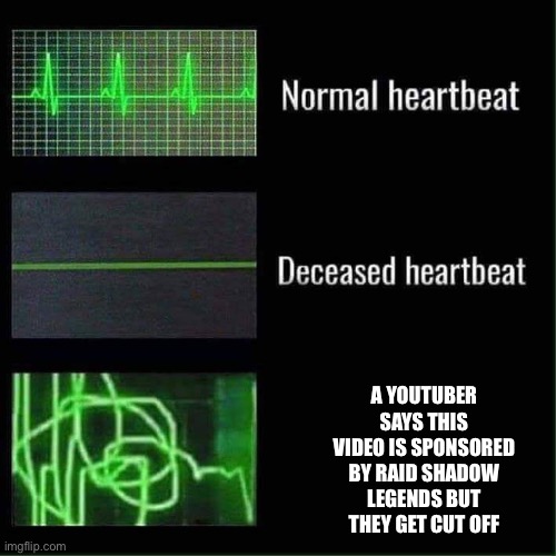 Heart beat meme | A YOUTUBER SAYS THIS VIDEO IS SPONSORED BY RAID SHADOW LEGENDS BUT THEY GET CUT OFF | image tagged in heart beat meme | made w/ Imgflip meme maker