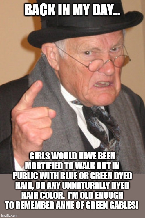 Girls Doing The Unnatural... | BACK IN MY DAY... GIRLS WOULD HAVE BEEN MORTIFIED TO WALK OUT IN PUBLIC WITH BLUE OR GREEN DYED HAIR, OR ANY UNNATURALLY DYED HAIR COLOR.  I'M OLD ENOUGH TO REMEMBER ANNE OF GREEN GABLES! | image tagged in memes,back in my day,so true memes,girls,hair,fun | made w/ Imgflip meme maker