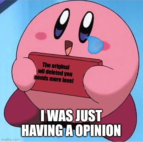 Help | The original wii deleted you needs more love! I WAS JUST HAVING A OPINION | image tagged in kirby holding a sign | made w/ Imgflip meme maker