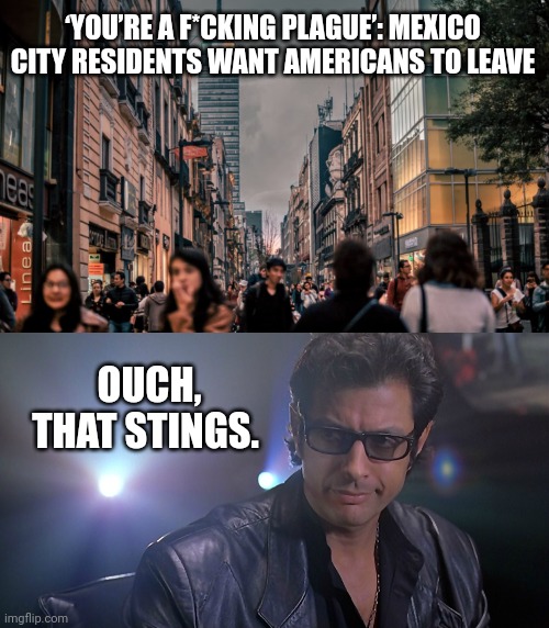 Stings a little. | ‘YOU’RE A F*CKING PLAGUE’: MEXICO CITY RESIDENTS WANT AMERICANS TO LEAVE; OUCH, THAT STINGS. | image tagged in jeff goldblum jurassic park | made w/ Imgflip meme maker