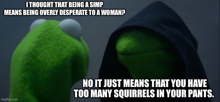 Evil Kermit Meme | I THOUGHT THAT BEING A SIMP MEANS BEING OVERLY DESPERATE TO A WOMAN? NO IT JUST MEANS THAT YOU HAVE TOO MANY SQUIRRELS IN YOUR PANTS. | image tagged in memes,evil kermit | made w/ Imgflip meme maker